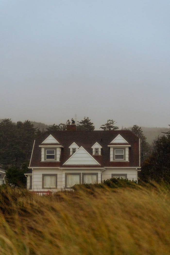 Home Elegant house surrounded by misty fields and trees, showcasing serene natural beauty at twilight.